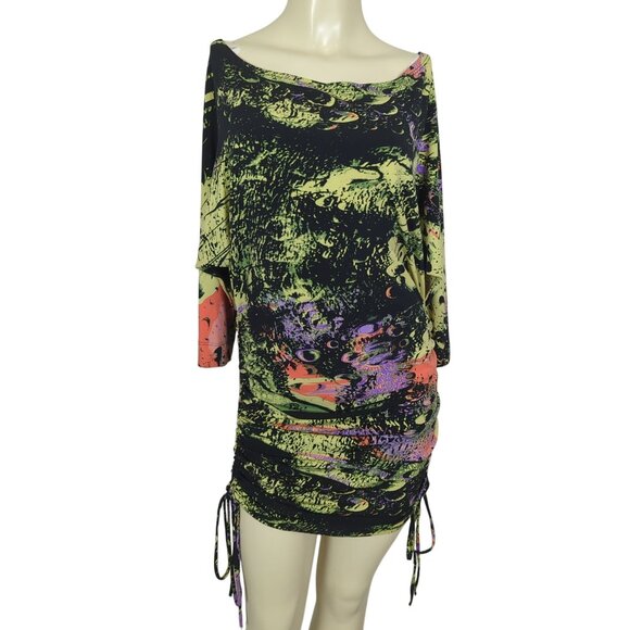Julian Chang Abstract Art colorful Ruched Drawstring Mini Dress Dolman sleeves M - Picture 4 of 16